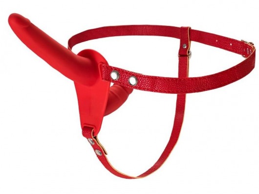 Красный страпон на ремнях с вагинальной пробкой - 15 см. - ToyFa - купить с доставкой в Москве