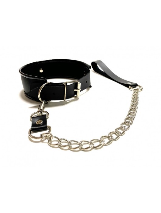 Черный ошейник с поводком из эко-кожи - БДСМ Арсенал - купить с доставкой в Москве