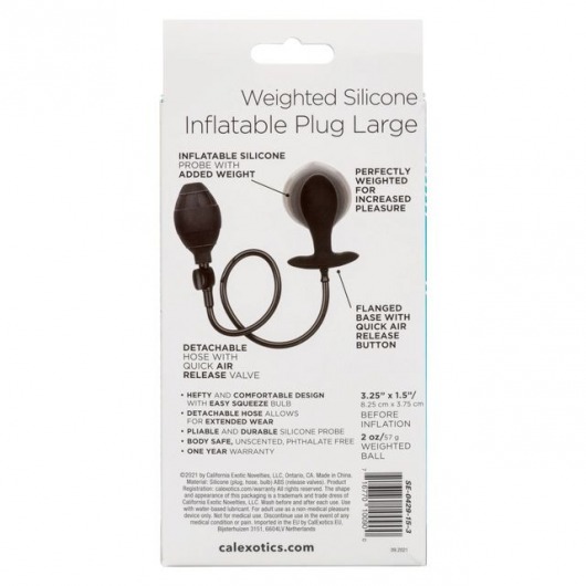 Черная расширяющаяся анальная пробка Weighted Silicone Inflatable Plug Large - 8,25 см. - California Exotic Novelties