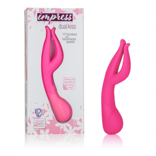Розовый вибромассажер Impress™ Dual Kiss со стимуляцией клитора - 15 см. - California Exotic Novelties