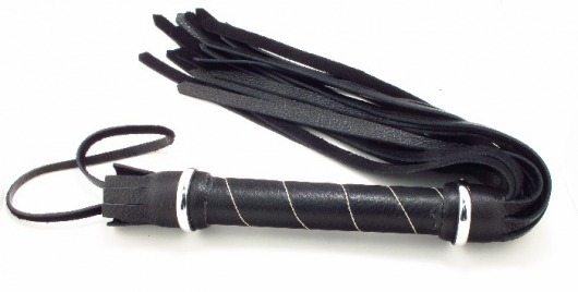 Чёрная кожаная плётка с белой строчкой на рукояти - БДСМ Арсенал - купить с доставкой в Москве