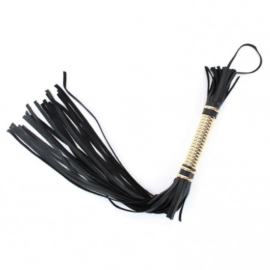 Чёрная плетка  из натуральной кожи с золотистой отделкой рукояти - БДСМ Арсенал - купить с доставкой в Москве