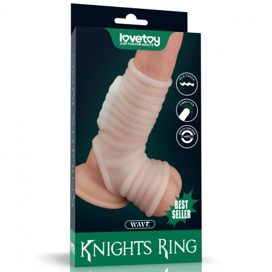 Белая ребристая вибронасадка на пенис Knights Ring с подхватом мошонки - Lovetoy - в Москве купить с доставкой
