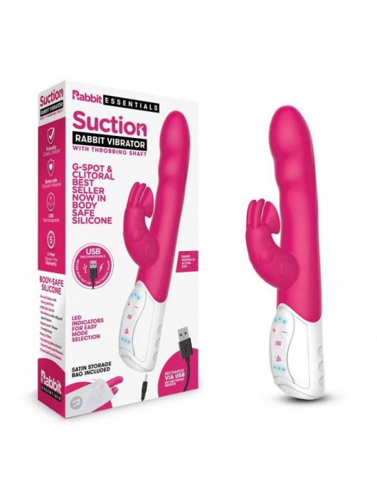 Розовый вибромассажер с клиторальной стимуляцией Clitoral Suction Rabbit - 24,5 см. - Rabbit Essentials