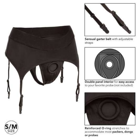 Черные трусики для страпона Thong with Garter размера S/M - California Exotic Novelties - купить с доставкой в Москве