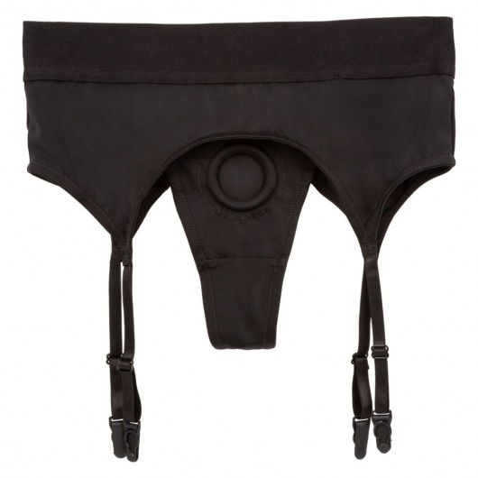 Черные трусики для страпона Thong with Garter размера S/M - California Exotic Novelties - купить с доставкой в Москве