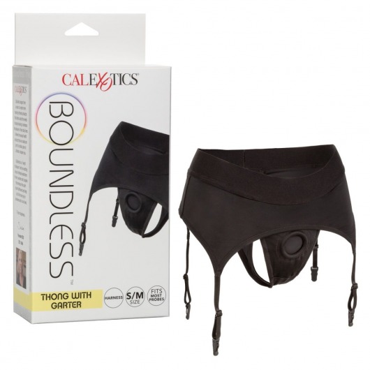 Черные трусики для страпона Thong with Garter размера S/M - California Exotic Novelties - купить с доставкой в Москве