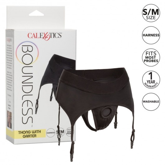 Черные трусики для страпона Thong with Garter размера S/M - California Exotic Novelties - купить с доставкой в Москве