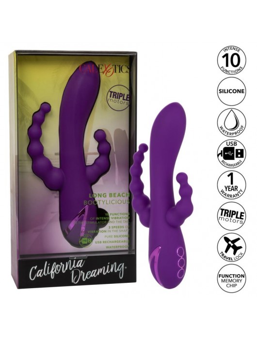 Фиолетовый вибромассажер-кролик Long Beach Bootylicious с анальной цепочкой - California Exotic Novelties