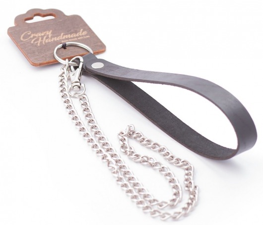 Серебристый металлический поводок с кожаной черной ручкой - 80 см. - Crazy Handmade - купить с доставкой в Москве