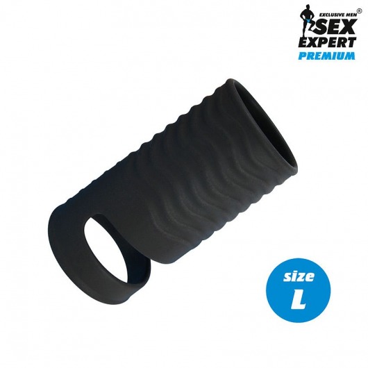 Черная открытая насадка на пенис с кольцом для мошонки L-size - 8,5 см. - Sex Expert - в Москве купить с доставкой