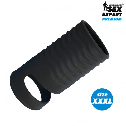 Черная открытая насадка на пенис с кольцом для мошонки XXXL-size - 9,9 см. - Sex Expert - в Москве купить с доставкой