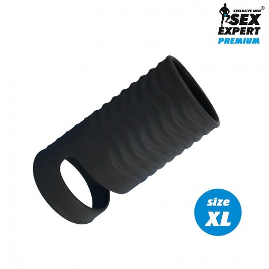 Черная открытая насадка на пенис с кольцом для мошонки XL-size - 8,9 см. - Sex Expert - в Москве купить с доставкой