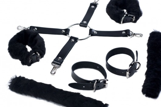 Черный набор для фиксации со съемными меховыми опушками - Лунный свет - купить с доставкой в Москве