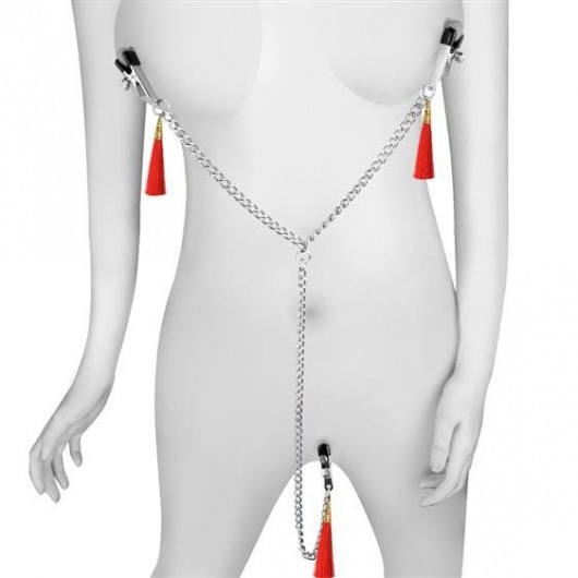 Зажимы на соски и клитор с игривыми красными кисточками Nipple Clit Tassel Clamp With Chain - Lovetoy - купить с доставкой в Москве