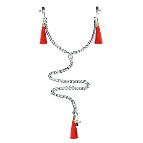Зажимы на соски и клитор с игривыми красными кисточками Nipple Clit Tassel Clamp With Chain - Lovetoy - купить с доставкой в Москве