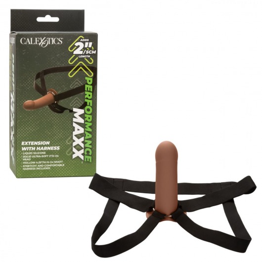 Коричневый фаллопротез из силикона Extension with Harness - 15,75 см. - California Exotic Novelties - купить с доставкой в Москве