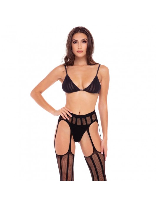 Эротический комплект 3 Piece Sheer Striped Bra Thong   Garter Belt Set - Rene Rofe купить с доставкой