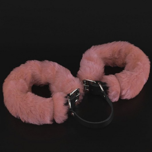 Черные кожаные оковы со съемной розовой опушкой - Sitabella - купить с доставкой в Москве