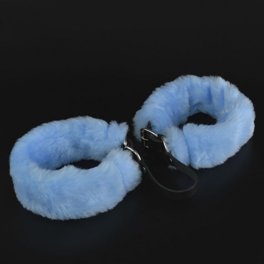 Черные кожаные оковы со съемной голубой опушкой - Sitabella - купить с доставкой в Москве