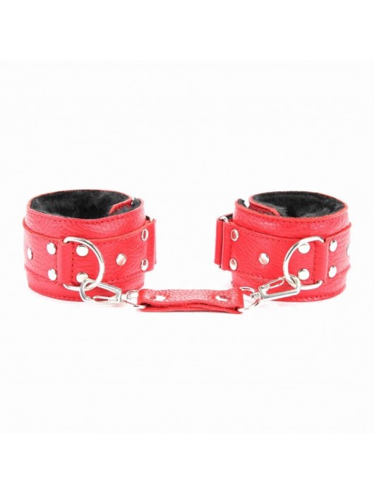 Красные кожаные наручники с меховым подкладом - БДСМ Арсенал - купить с доставкой в Москве