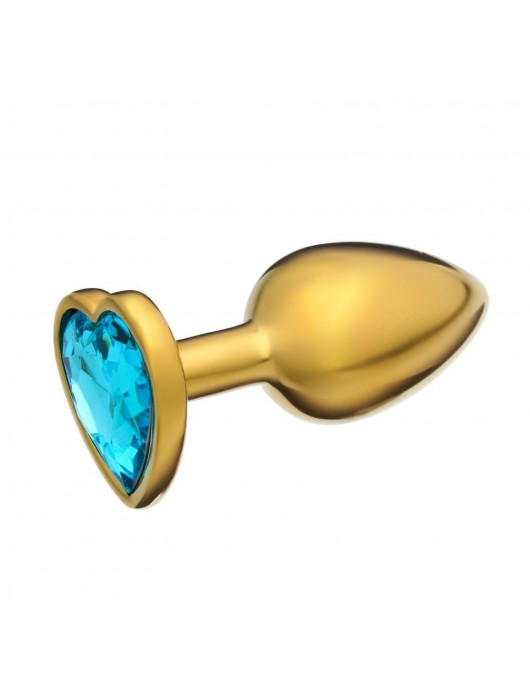 Золотистая анальная пробка с голубым кристаллом в форме сердца - 7 см. - Сима-Ленд