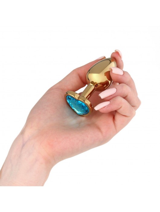 Золотистая анальная пробка с голубым кристаллом в форме сердца - 7 см. - Сима-Ленд