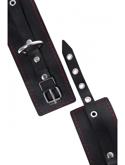 Черные кожаные однослойные наручники с контрастной строчкой - Pecado - купить с доставкой в Москве