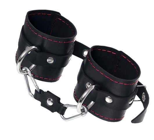 Черные кожаные однослойные наручники с контрастной строчкой - Pecado - купить с доставкой в Москве
