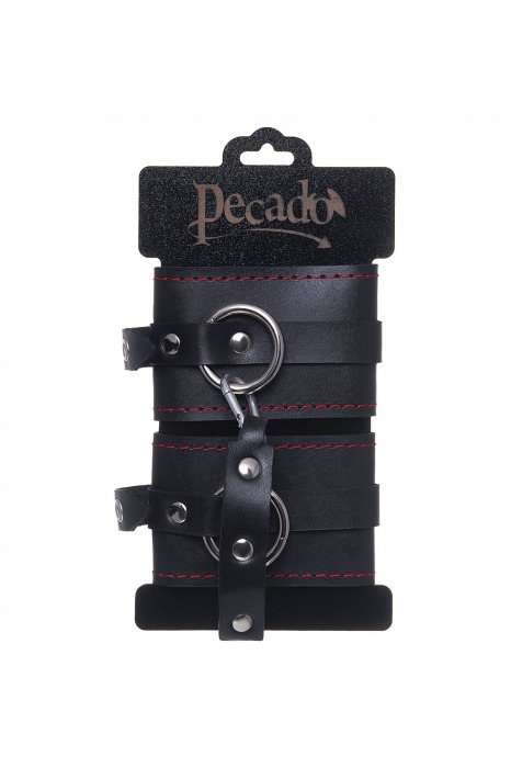 Черные кожаные однослойные оковы с контрастной строчкой - Pecado - купить с доставкой в Москве