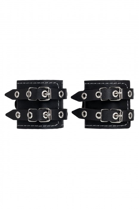 Черные кожаные наручники с двумя ремнями и красной подкладкой - Pecado - купить с доставкой в Москве