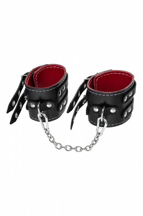 Черные кожаные оковы с двумя ремнями и красной подкладкой - Pecado - купить с доставкой в Москве