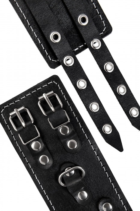 Черные кожаные оковы с двумя ремнями и красной подкладкой - Pecado - купить с доставкой в Москве