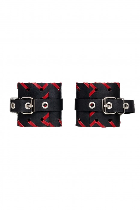 Черно-красные наручники из натуральной кожи - Pecado - купить с доставкой в Москве