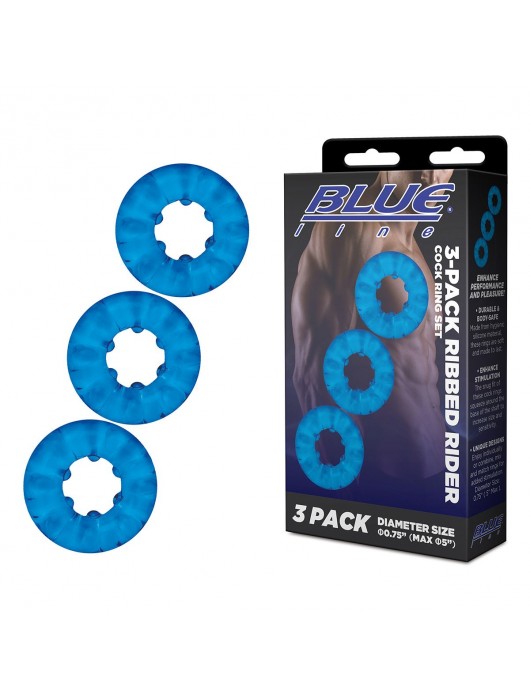 Комплект из трех голубых эрекционных колец 3-Pack Ribbed Rider Cock Ring Set - BlueLine - в Москве купить с доставкой
