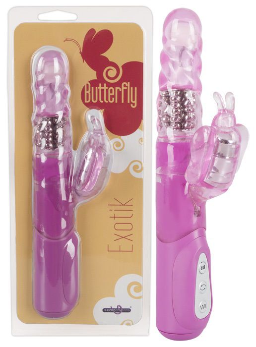 Розовый вибратор с клиторальной бабочкой EXOTIC BUTTERFLY - 21,5 см. - Seven Creations