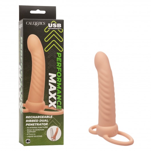 Телесная насадка для двойного проникновения Rechargeable Ribbed Dual Penetrator с вибрацией - California Exotic Novelties - купить с доставкой в Москве