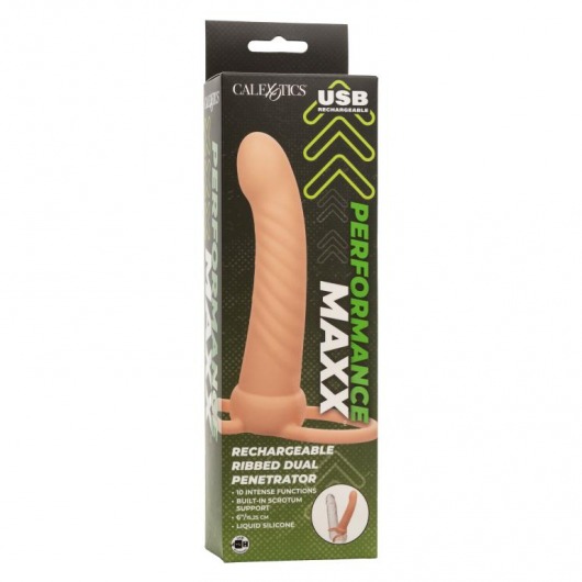 Телесная насадка для двойного проникновения Rechargeable Ribbed Dual Penetrator с вибрацией - California Exotic Novelties - купить с доставкой в Москве