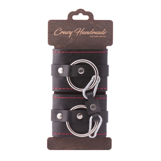 Черные однослойные кожаные наручники с контрастной строчкой - Crazy Handmade - купить с доставкой в Москве