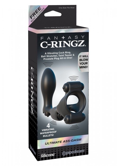 Чёрное эрекционное кольцо с анальным фаллоимитатором и 4 вибростимуляторами - Pipedream - в Москве купить с доставкой