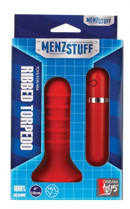 Малый красный вибромассажер для анальной стимуляции MENZSTUFF RIBBED TORPEDO - 10 см. - Dream Toys