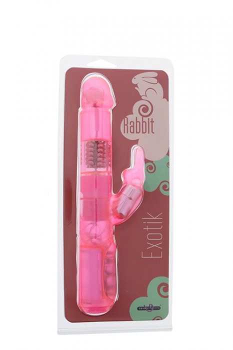 Розовый вибратор с вращающимися бусинами и клиторальным зайчиком EXOTIK RABBIT - 23 см. - Seven Creations
