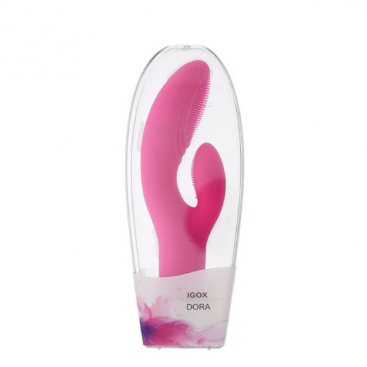 Розовый силиконовый вибромассажёр с клиторальным отростком DORA PINK - 17 см. - Gox