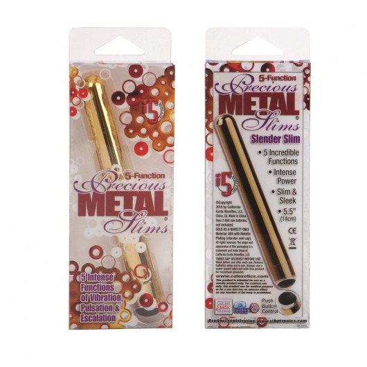 Золотистый тонкий вибратор 5-FUNCTION PRECIOUS METAL SLIMS GOLD - 14 см. - California Exotic Novelties