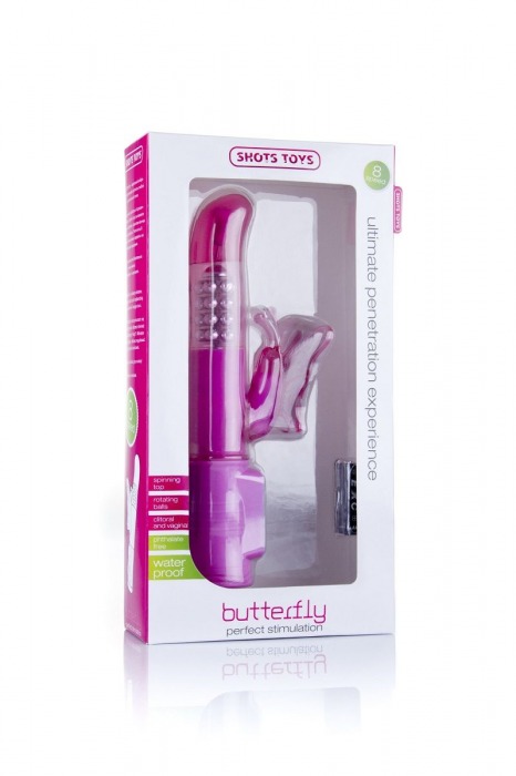 Розовый вибратор Hi-Tech Butterfly с клиторальной бабочкой - 22,8 см. - Shots Media BV