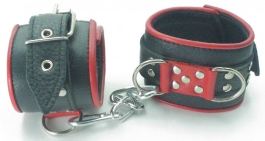Широкие черные наручники с красным декором - БДСМ Арсенал - купить с доставкой в Москве