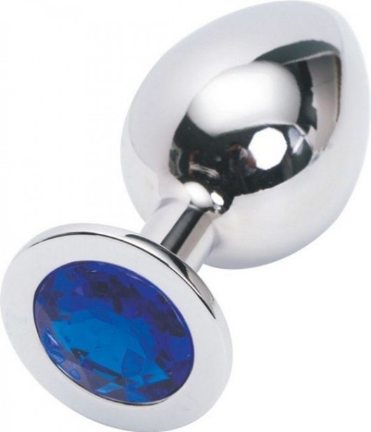 Серебряная металлическая анальная пробка среднего размера с синим стразиком - 8,2 см. - 4sexdreaM - купить с доставкой в Москве