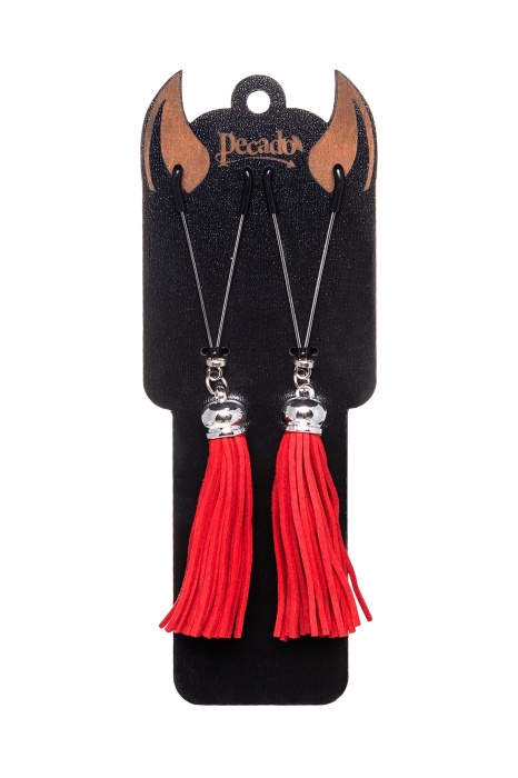 Зажимы на соски «Вилки» с красными кисточками из замши - Pecado - купить с доставкой в Москве