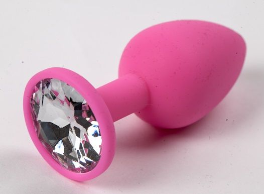 Розовая силиконовая анальная пробка с прозрачным стразом - 7,1 см. - 4sexdreaM - купить с доставкой в Москве