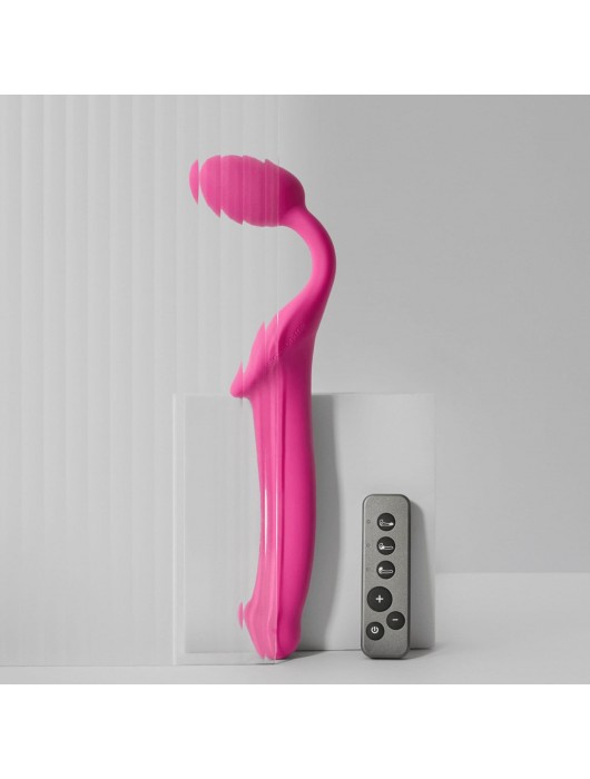 Ярко-розовый безремневой страпон Strap-on-me Vibrating Bendable Strap-On size XL - Strap-on-me - купить с доставкой в Москве